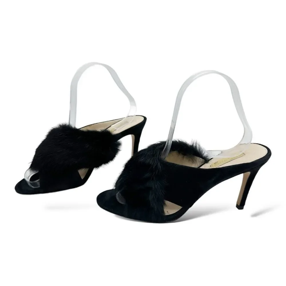 Louise Et Cie Halloway Rabbit Fur Stiletto Heel Mule Sandals Black Size 8.5‎